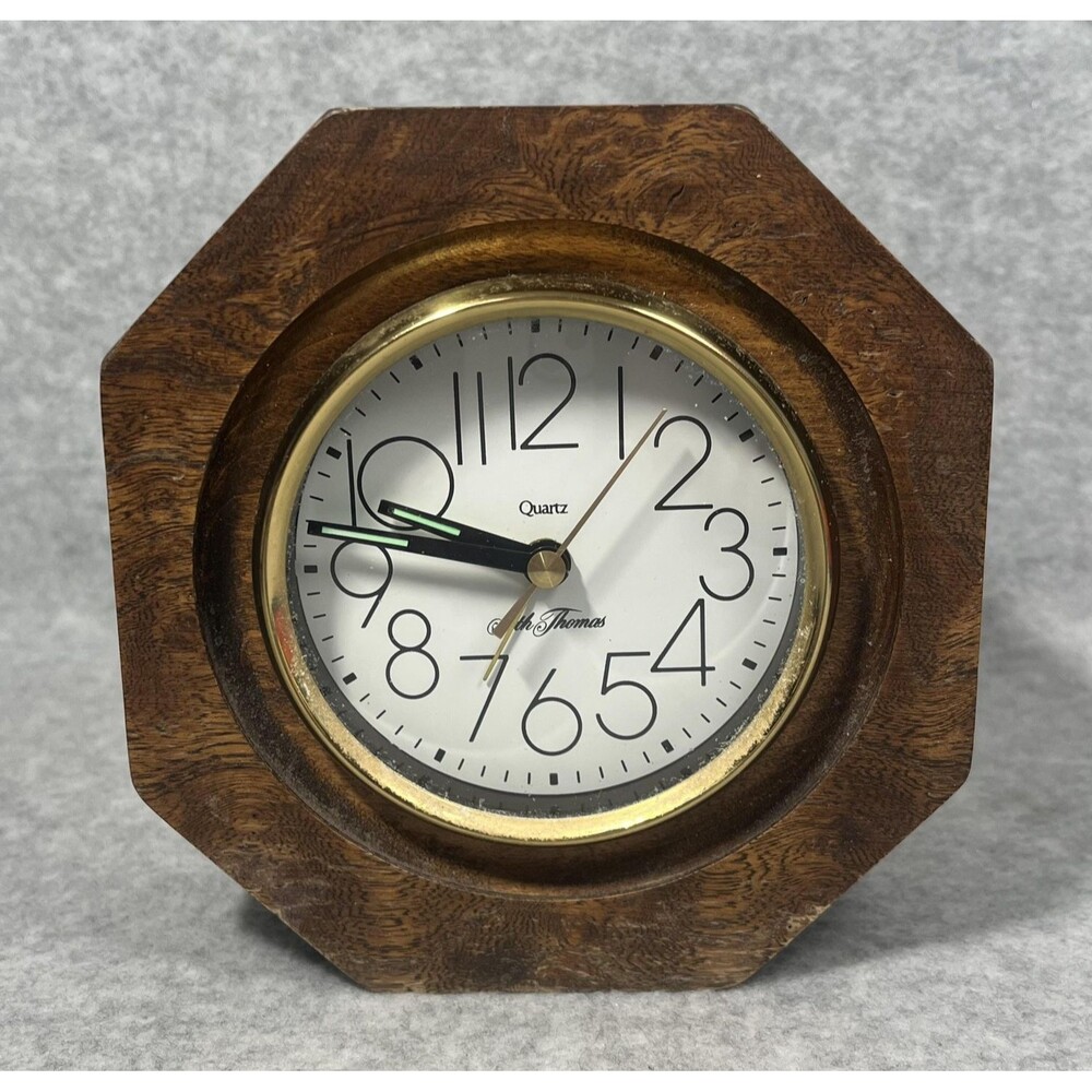 Vintage Seth Thomas Desk Clock Quartz Octagon Wood‎ Brass Trim Tabletop Battery